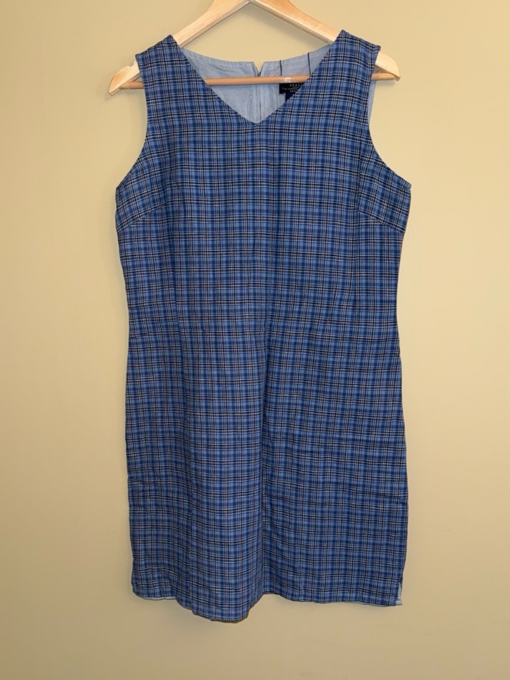 Crazy Horse Linen Sleeveless Shift Dress Size 12P Blue Plaid Ethereal Preppy